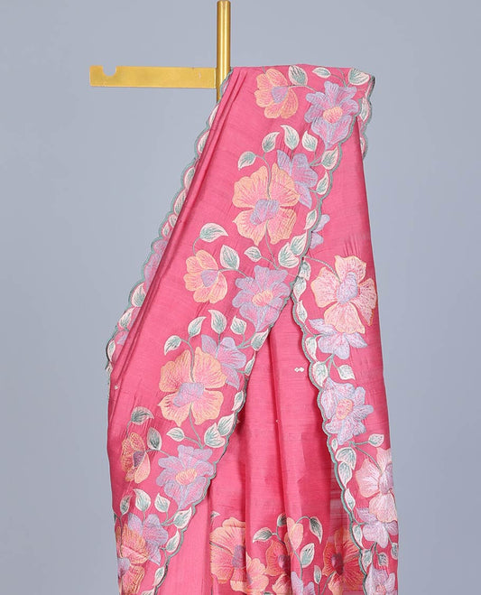 Pink thread floral vine embroidered semi-banaras jute saree with buttas, scallop embroidered border