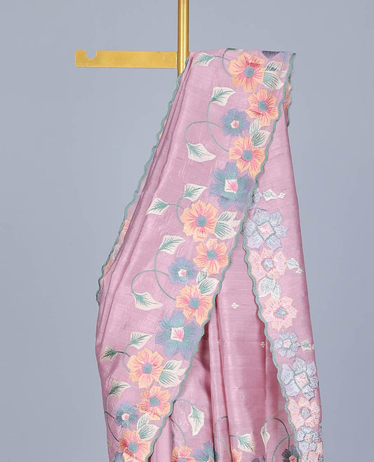 Pink colorful floral vine thread embroidered semi-banaras jute saree, scallop border & pallu of floral designs