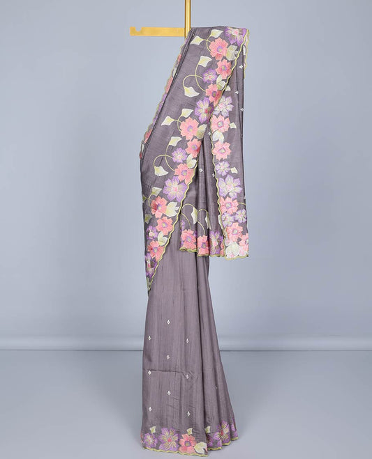 Grey colorful floral vine thread embroidered semi-banaras jute saree, scallop border & pallu of floral designs