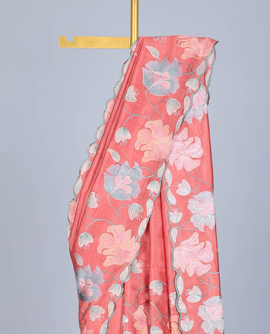 Peach floral vine thread embroidered semi-banaras jute saree, floral vine embroidered pallu