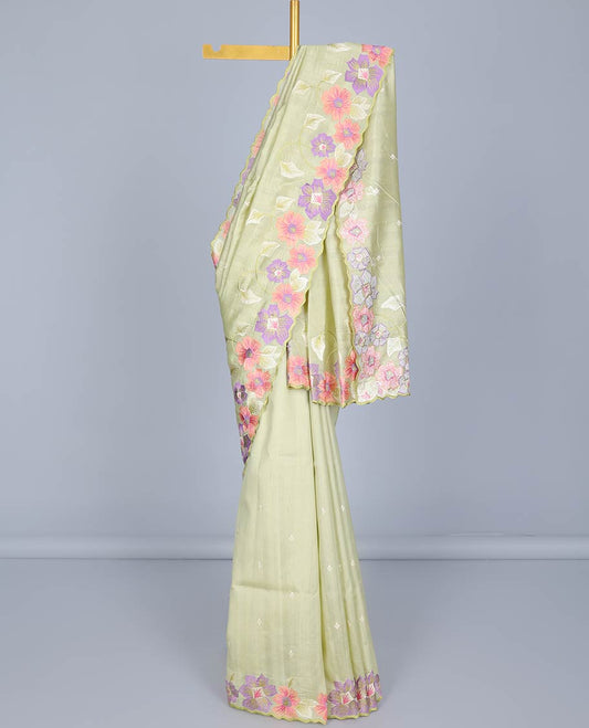 Green floral vine thread embroidered semi-banaras jute saree, floral vine embroidered pallu