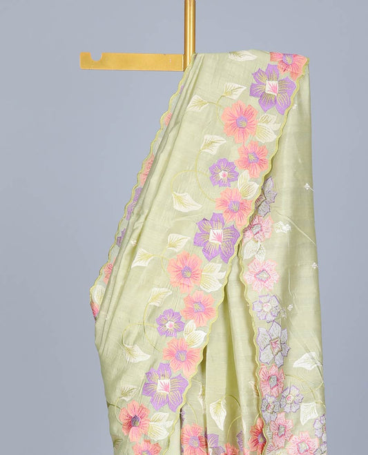 Green floral vine thread embroidered semi-banaras jute saree, floral vine embroidered pallu