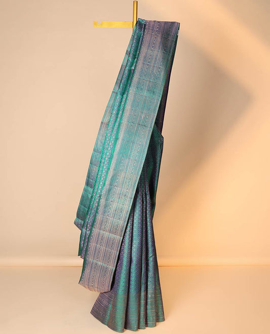 Blue jacquard silk saree, intricate pallu & zari border of diamond, rettai neli poun & kodi visiry designs