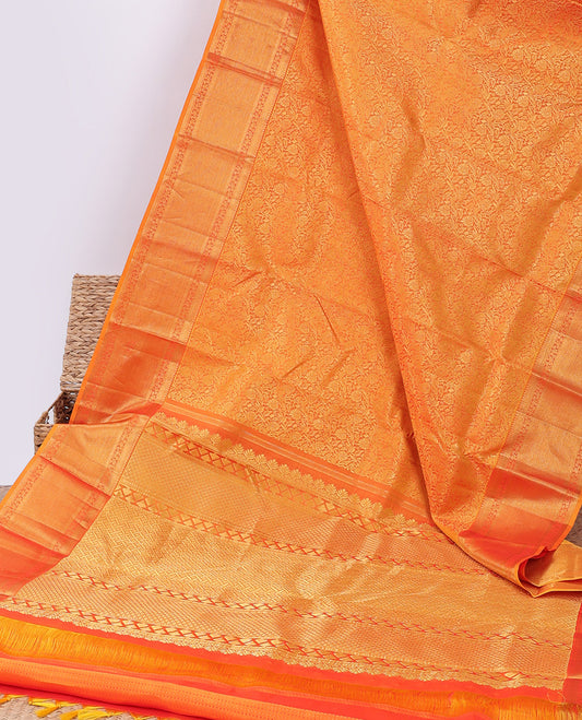 Orange jacquard silk saree, intricate pallu & border of thilakam mokku,kathir,kodi visy & kuyil kann