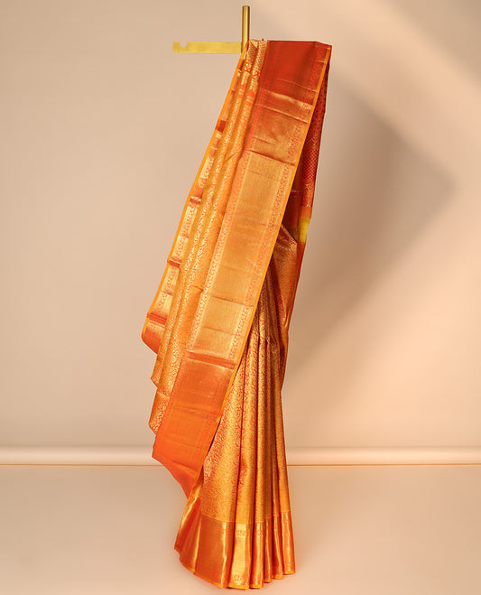 Orange jacquard silk saree, intricate pallu & border of thilakam mokku,kathir,kodi visy & kuyil kann