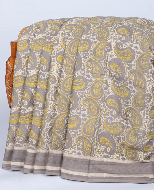 Grey paisley printed mul-mul-cotton saree, contrast border & pallu of floral print