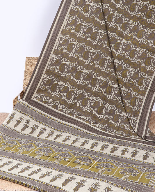 Brown ogee patterns printed mul-mul-cotton saree, self-border & pallu of intricate print