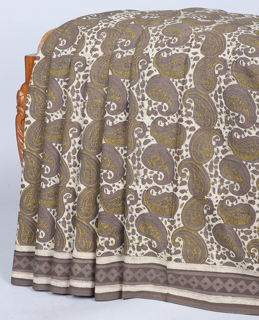 Brown ogee patterns printed mul-mul-cotton saree, self-border & pallu of intricate print