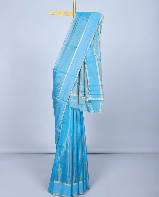 Blue chanderi cotton saree with all-over buttas, zari striped border & pallu of stripes