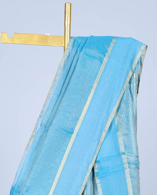 Blue chanderi cotton saree with all-over buttas, zari striped border & pallu of stripes
