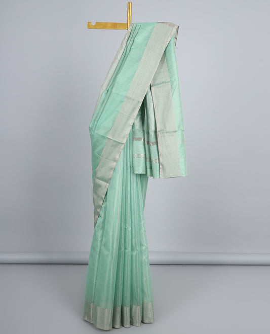 Green chanderi cotton saree, plain border & pallu of checked designs