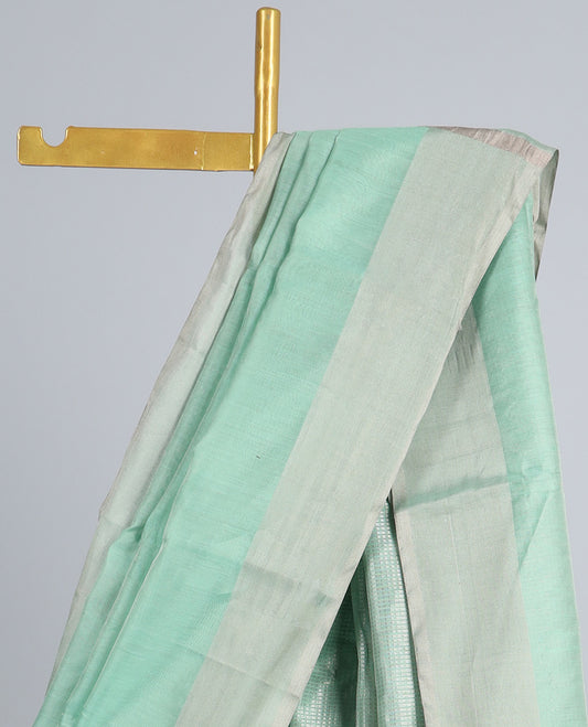 Green chanderi cotton saree, plain border & pallu of checked designs