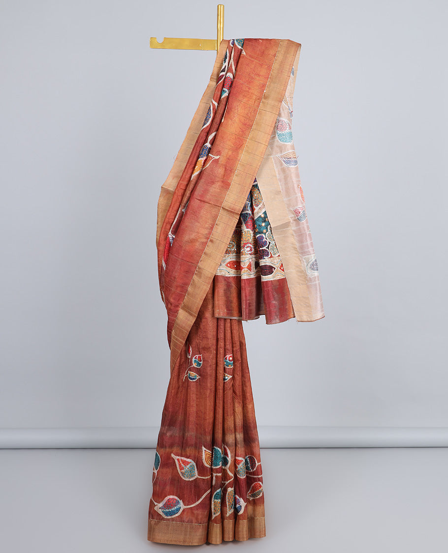 Orange colorful bird motifs print tussar saree with thread outline,pallu of kaleidoscopic-colored thread embroidery