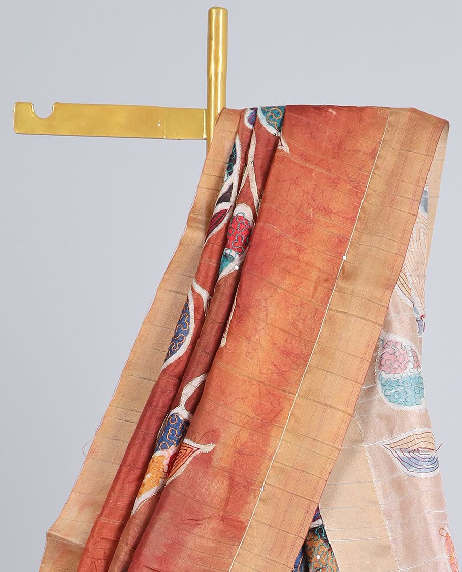 Orange colorful bird motifs print tussar saree with thread outline,pallu of kaleidoscopic-colored thread embroidery