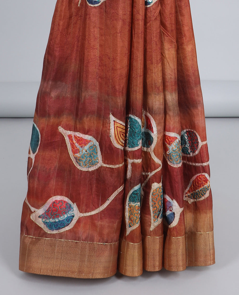 Orange colorful bird motifs print tussar saree with thread outline,pallu of kaleidoscopic-colored thread embroidery