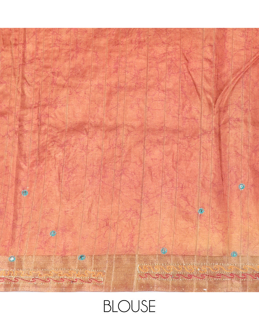 Orange colorful bird motifs print tussar saree with thread outline,pallu of kaleidoscopic-colored thread embroidery