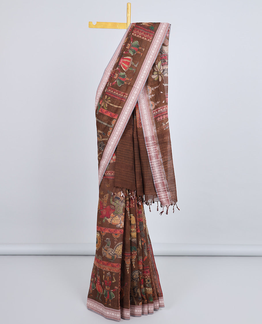 Brown kalamkaristyle peacock & figurine kuppadam cotton saree,contrast floral & diamond patterned border & striped pallu