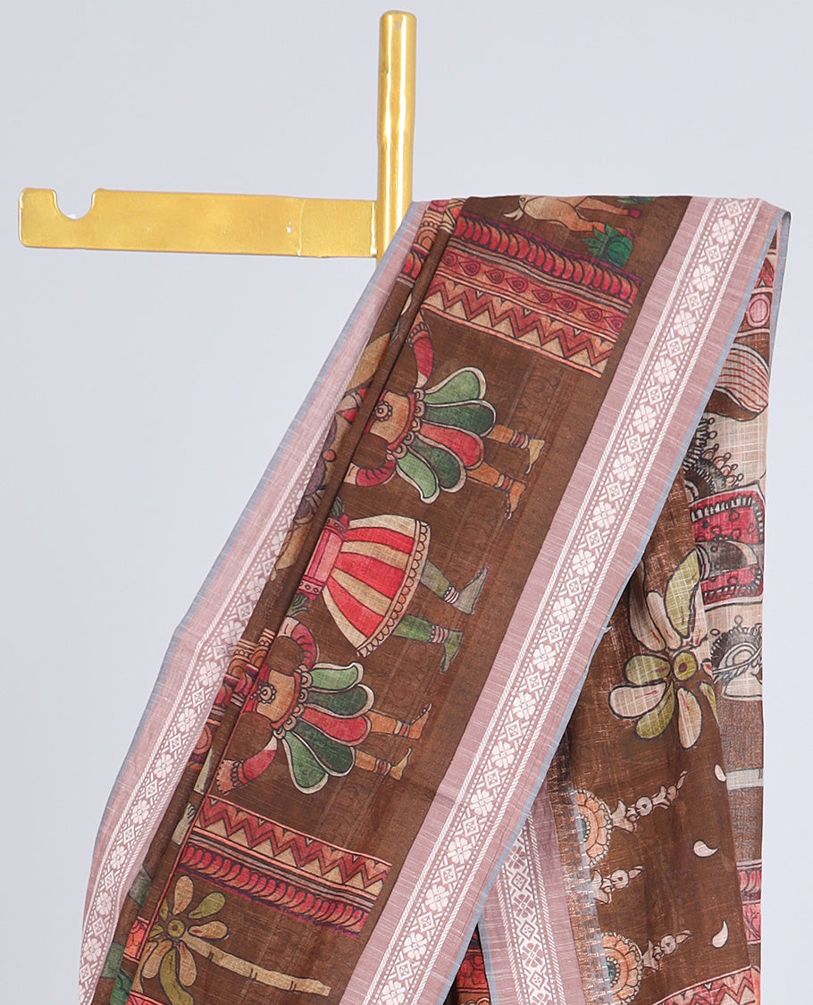 Brown kalamkaristyle peacock & figurine kuppadam cotton saree,contrast floral & diamond patterned border & striped pallu