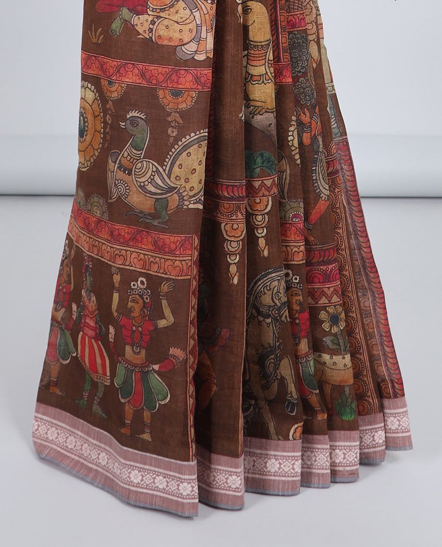 Brown kalamkaristyle peacock & figurine kuppadam cotton saree,contrast floral & diamond patterned border & striped pallu