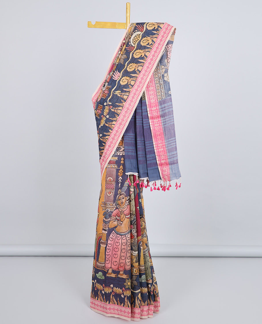 Multi-color kalamkari human motifs printed kuppadam cotton saree,contrast geometric patterned border & striped pallu