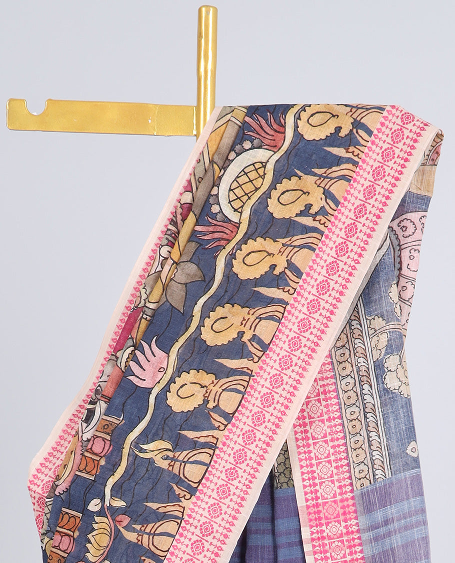 Multi-color kalamkari human motifs printed kuppadam cotton saree,contrast geometric patterned border & striped pallu