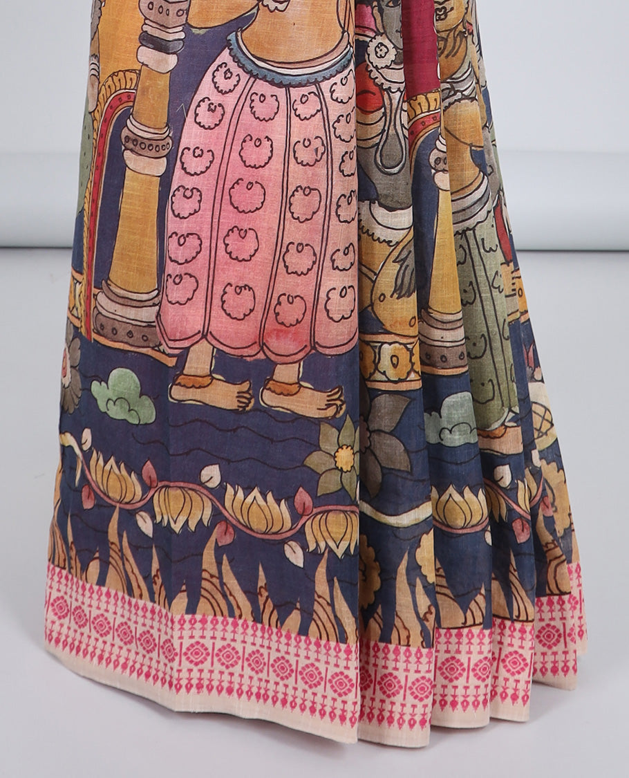 Multi-color kalamkari human motifs printed kuppadam cotton saree,contrast geometric patterned border & striped pallu