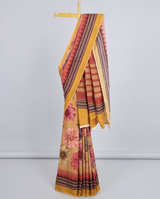 Sandal colorful floral printed kuppadam cotton saree, contrast vidarbha traditional border & pallu of stripes