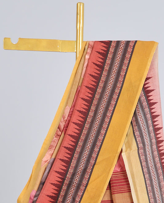 Sandal colorful floral printed kuppadam cotton saree, contrast vidarbha traditional border & pallu of stripes