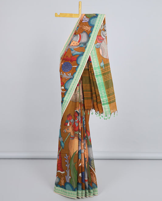 Brown human & animal motifs printed kuppadam cotton saree, contrast traditional design border & pallu of stripes