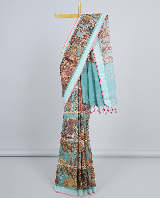 Blue human motifs printed kuppadam cotton saree, traditional design border & pallu of human motifs print