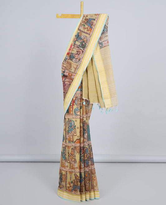 Yellow human motifs printed kuppadam cotton saree, traditional design border & pallu of human motifs print