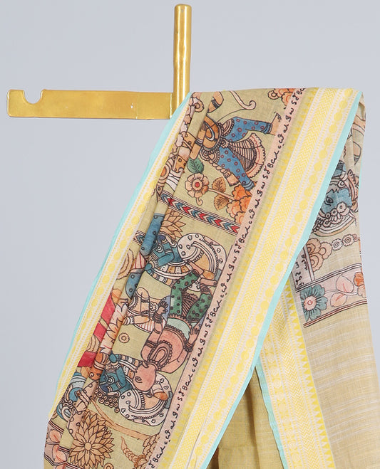Yellow human motifs printed kuppadam cotton saree, traditional design border & pallu of human motifs print