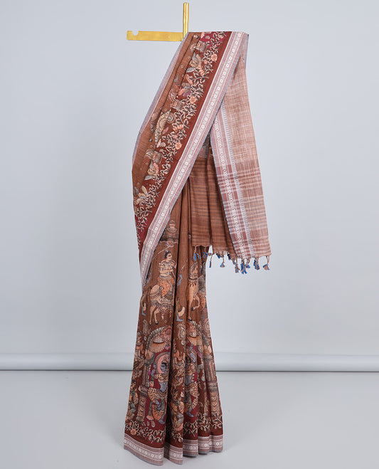 Brown kalamkaristyle peacock & figurine kuppadam cotton saree,contrast floral & diamond patterned border & striped pallu
