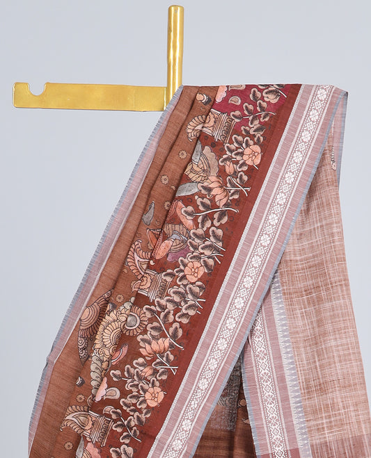Brown kalamkaristyle peacock & figurine kuppadam cotton saree,contrast floral & diamond patterned border & striped pallu