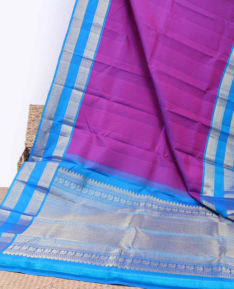 Purple checked silksaree, contrast jaal pallu & rettai pettu border of rekku,kathir,kamalam,neli kodi poun & ara maadam