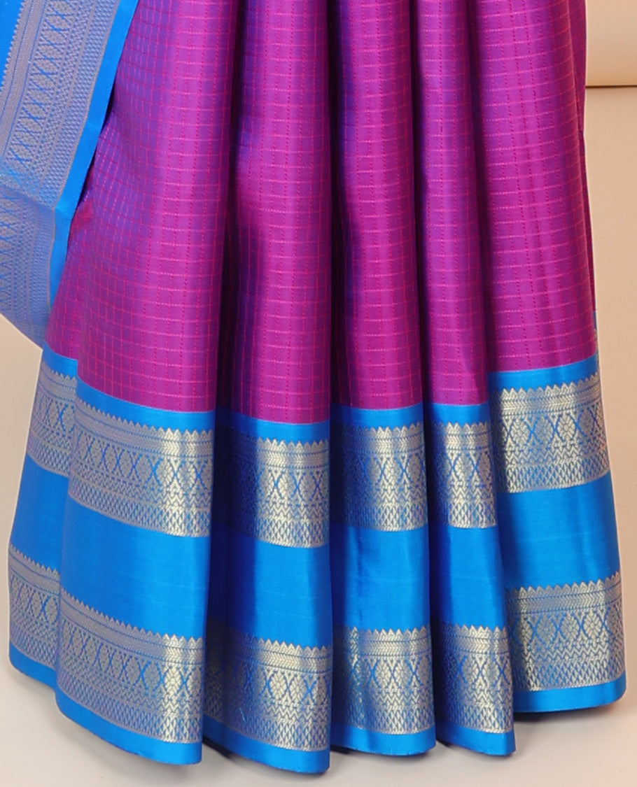 Purple checked silksaree, contrast jaal pallu & rettai pettu border of rekku,kathir,kamalam,neli kodi poun & ara maadam
