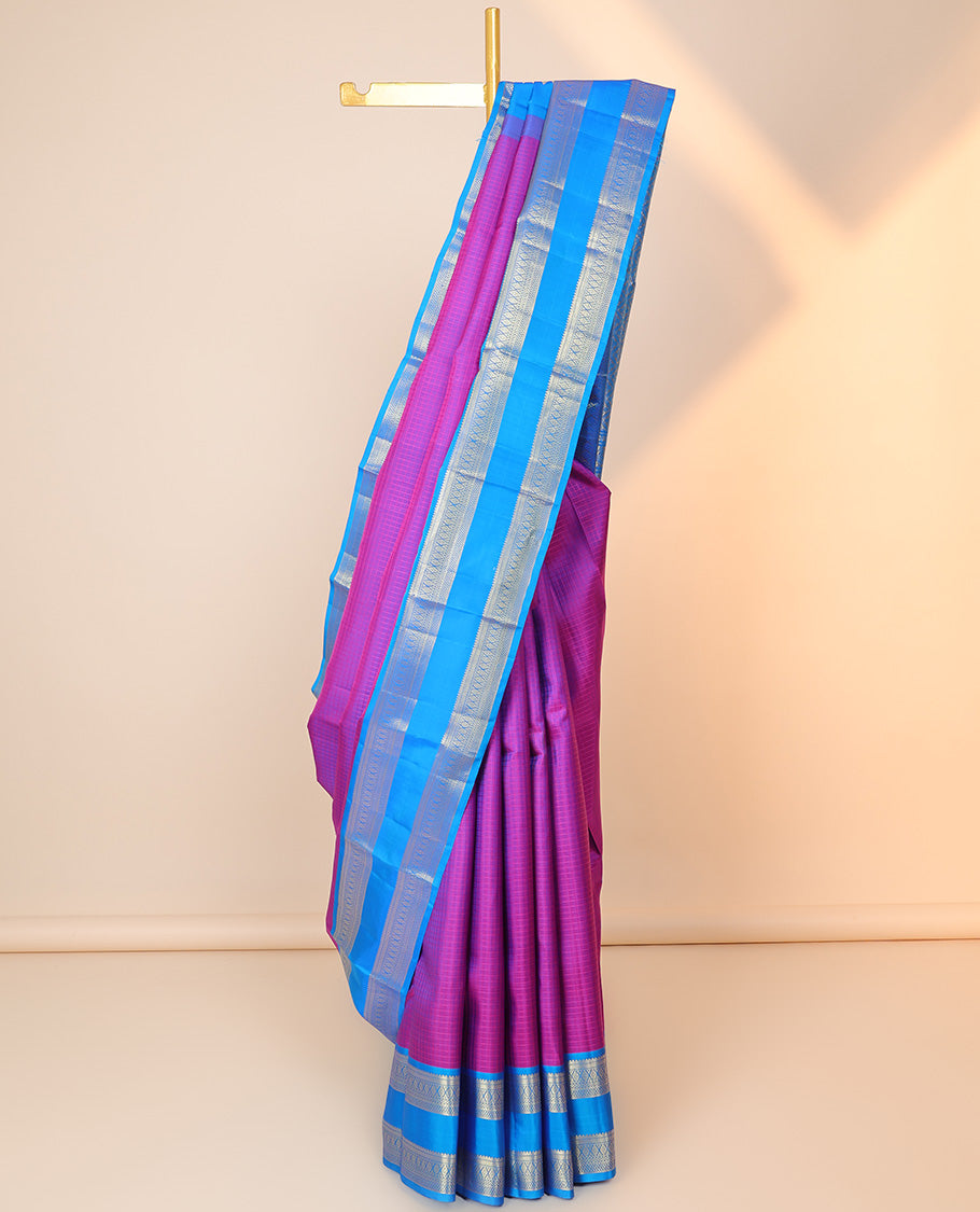 Purple checked silksaree, contrast jaal pallu & rettai pettu border of rekku,kathir,kamalam,neli kodi poun & ara maadam