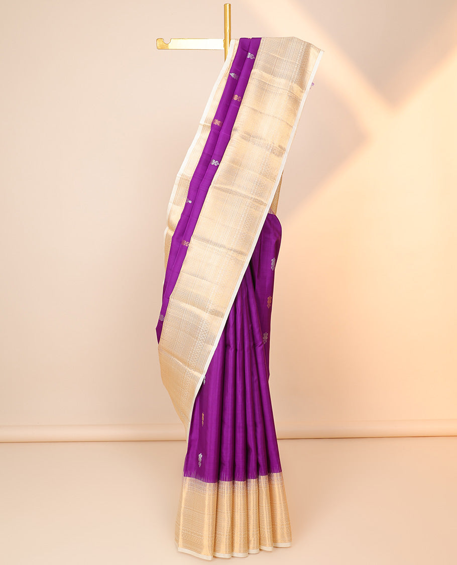 Purple zari buttas silksaree, contrast jaal pallu & border of neli kodi poun,muthu,manga,mayil kann,kathir & kodi visiry