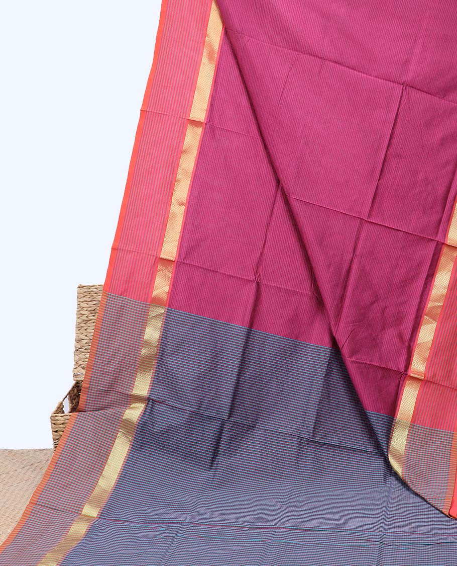 Purple striped poly cotton saree, striped zari design border & pallu of micro-checked design