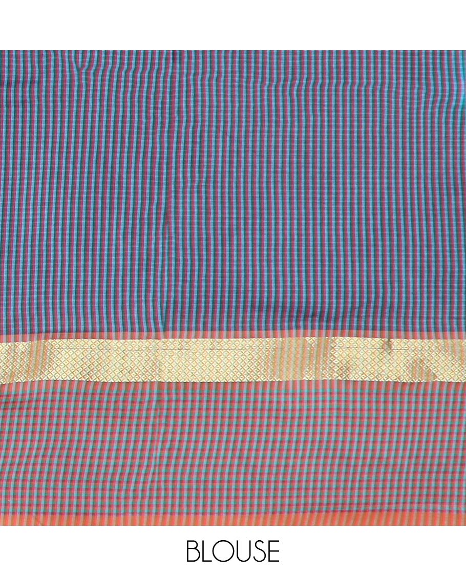 Purple striped poly cotton saree, striped zari design border & pallu of micro-checked design