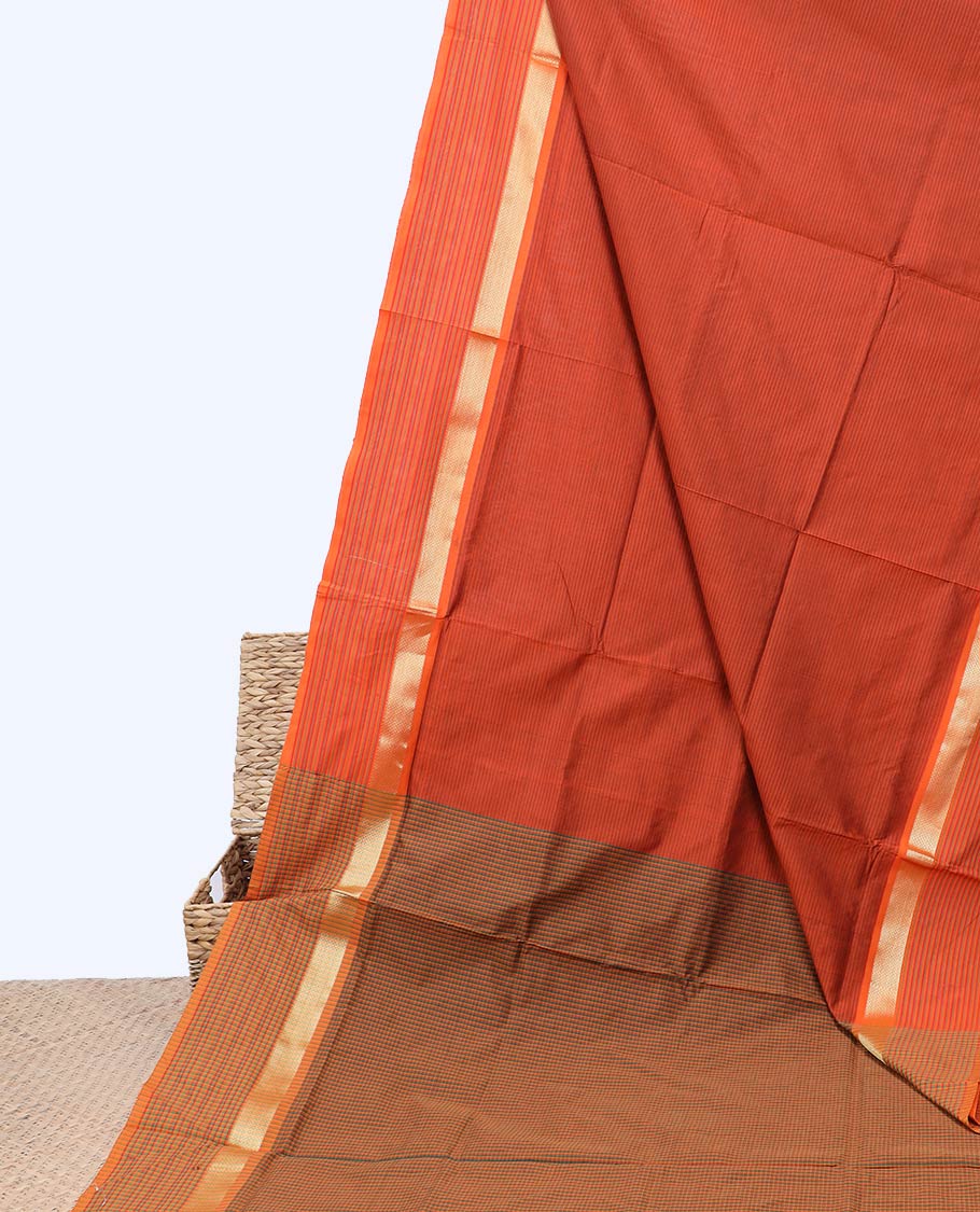 Orange striped poly cotton saree, striped zari design border & pallu of micro-checked design