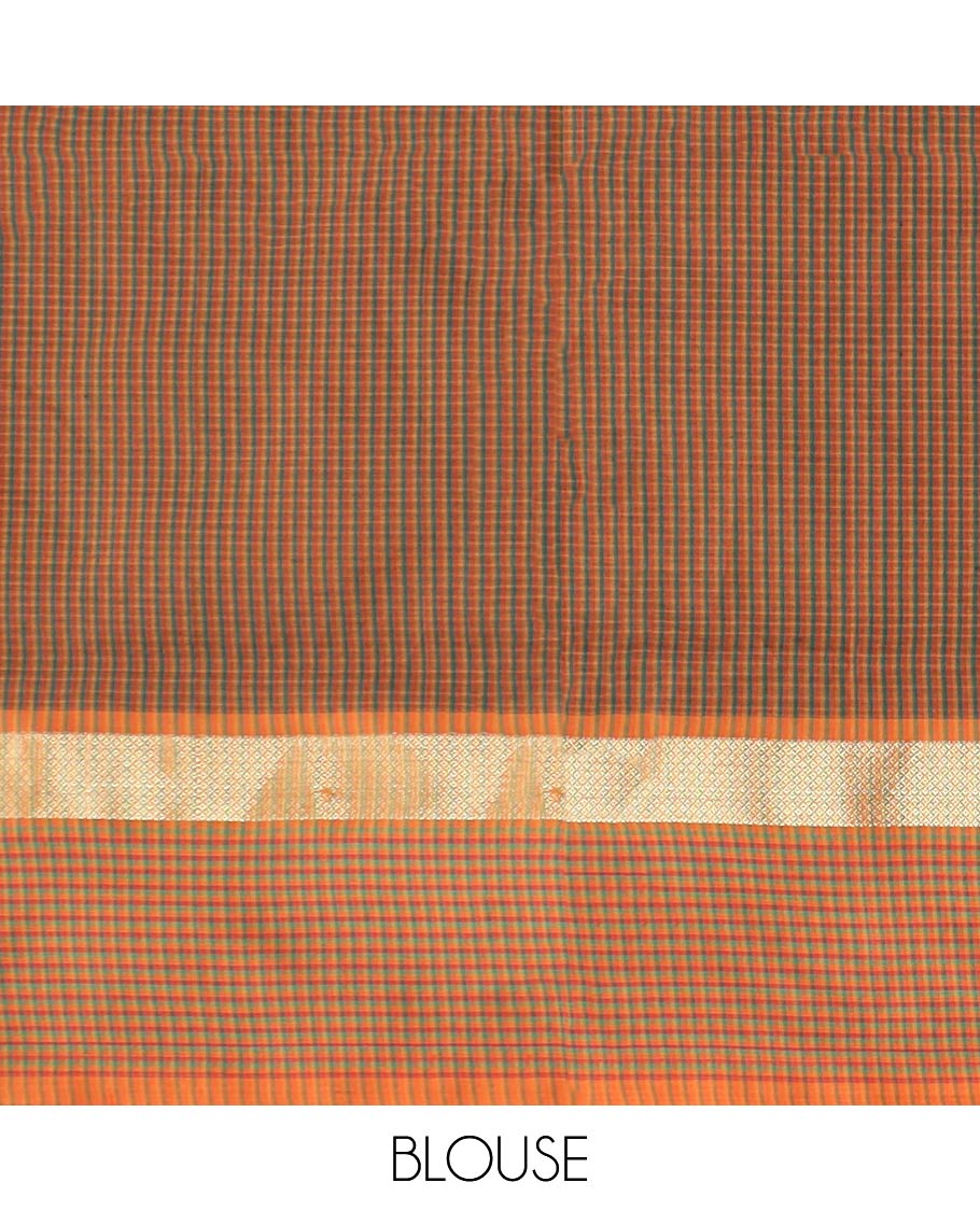 Orange striped poly cotton saree, striped zari design border & pallu of micro-checked design