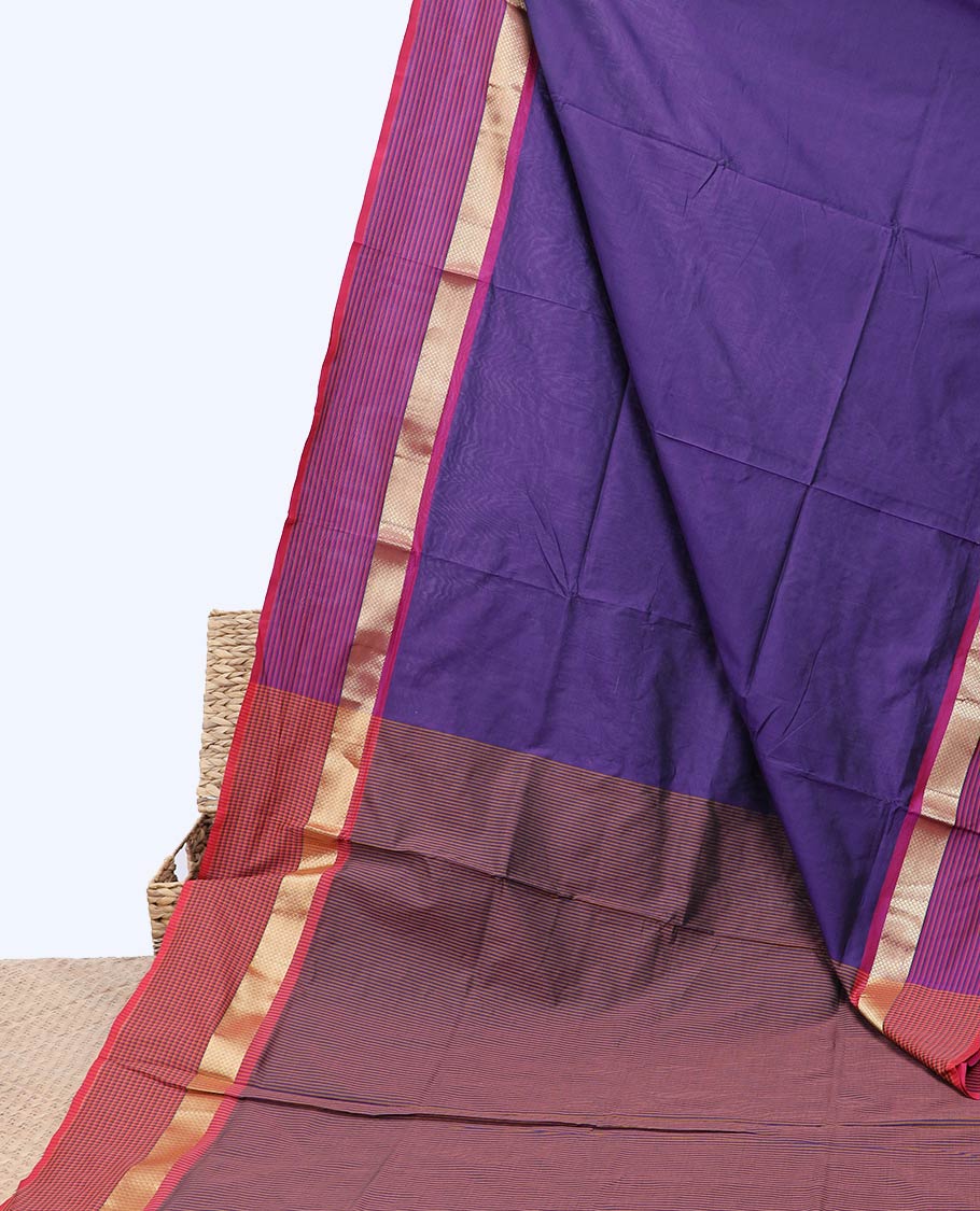 Blue plain poly cotton saree, contrast striped zari design border & pallu of stripes