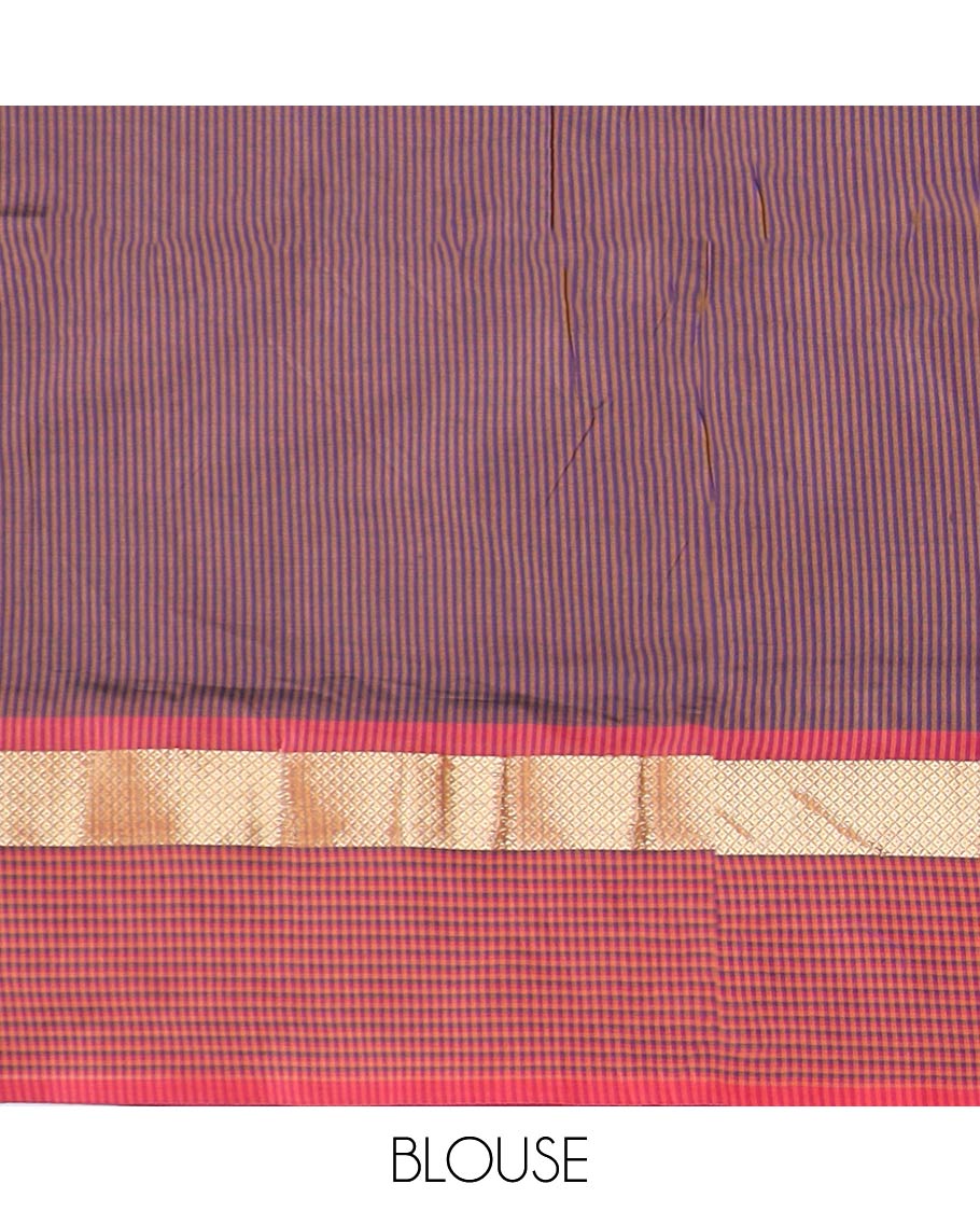 Blue plain poly cotton saree, contrast striped zari design border & pallu of stripes