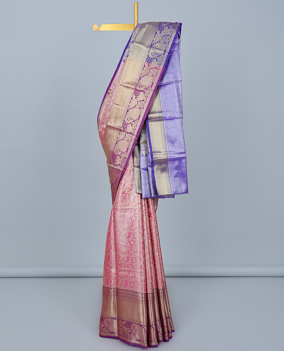 Pink floral jacquard Semi banaras tissue saree, contrast traditional design border & pallu of intricate designs