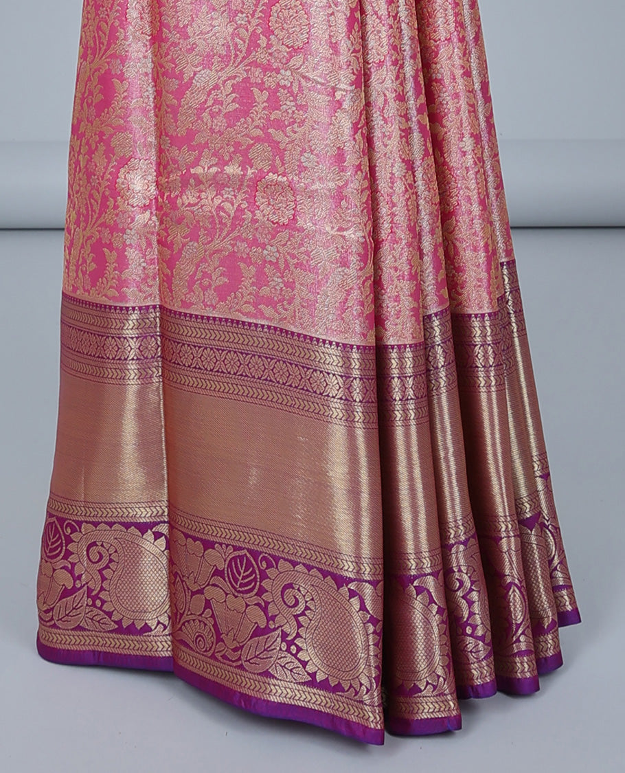 Pink floral jacquard Semi banaras tissue saree, contrast traditional design border & pallu of intricate designs