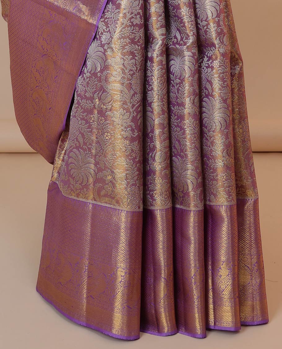 Violet floral jacquard silk saree, contrast border of thilakam,paisa,mayil kann & mayil designs & pallu of jaal designs