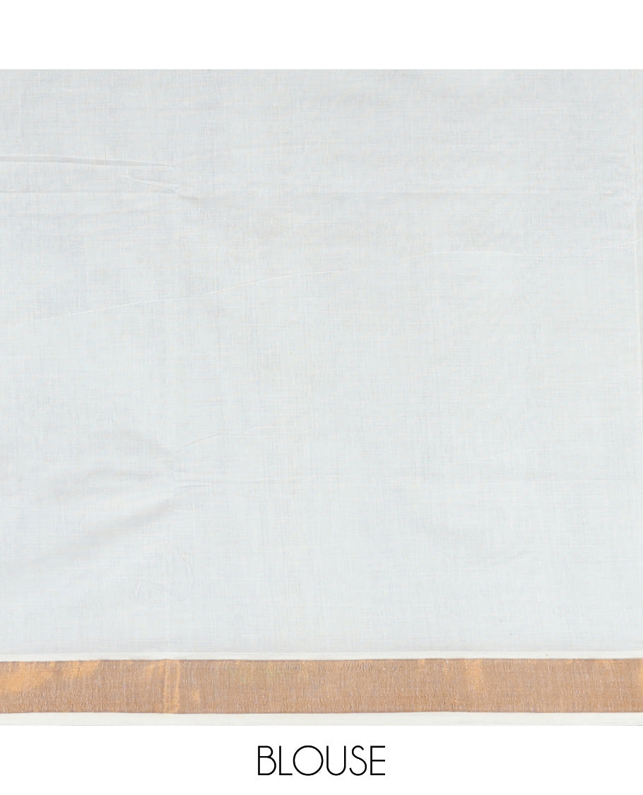 Cream kerala saree with zari stripes, plain border & pallu of floral zari designs