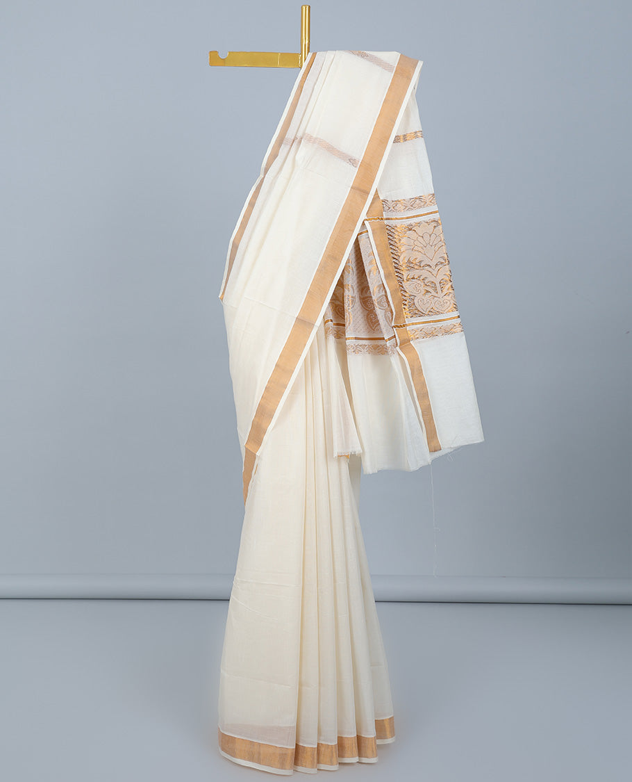 Cream kerala saree with zari stripes, plain border & pallu of floral zari designs