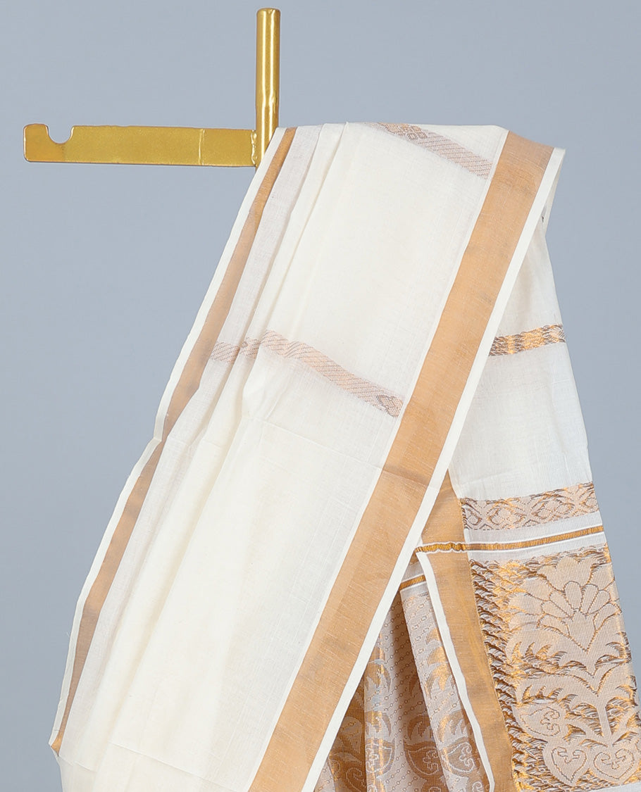 Cream kerala saree with zari stripes, plain border & pallu of floral zari designs